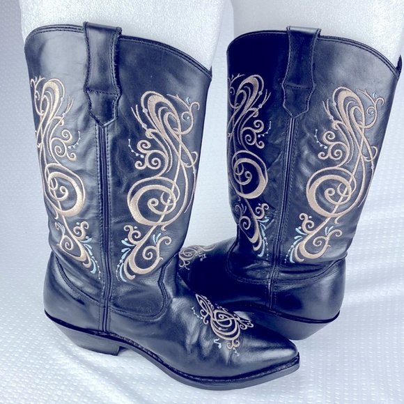Black Leather Music Note Cowgirl Boots - Picture 6 of 11